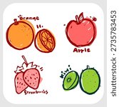 Mixed Fruit Basket Graffiti Tags. Set of Bold Hand-Drawn Street Art Icons including Orange, Apple, Strawberry, and Kiwi.