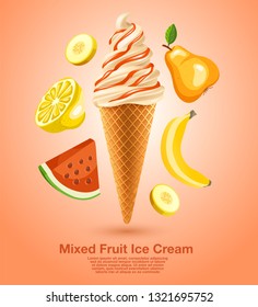 Mixed Fruit Flavored Soft Ice cream Set : Vector Illustration