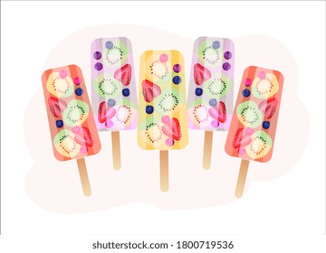 Barras de popsicle de fruta mixta. Conjunto de helados de fruta con palos de madera. Kiwi congelado, fresa y arándano. Ilustración del vector 