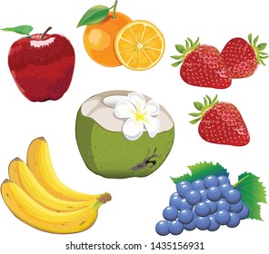 mixed fruit vector apples, banana, coconut, strawberry, grape and orange on white background, collection of vector illustrations, Concept of healthy eating and dieting lifestyle.