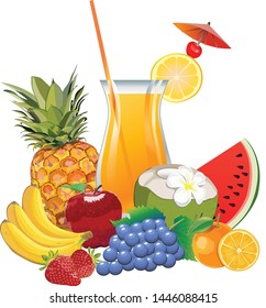 mixed fruit vector apples, banana, coconut, strawberry, grape, orange, pineapple and watermelon on white background, collection of vector illustrations, Concept for make a poster of a water shop.
