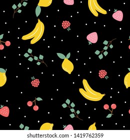Mixed Fruits in Dark Background Seamless Pattern for Tshirt Graphic Vector Print