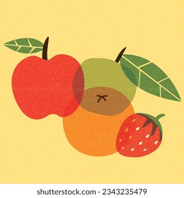 Mixed fruits overlap transparent with riso print effect vector illustration.