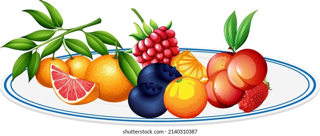 Mixed fruits in a plate on white background illustration