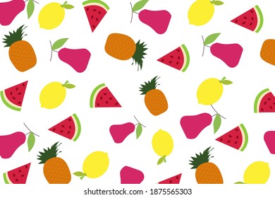 Frutos mixtos Patrón sin foco con frutos de dibujos animados sobre fondo blanco. diseño creativo para folletos de supermercados, papel envolvente, ilustración de tela.