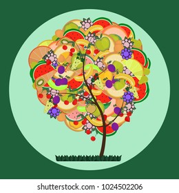Mixed Fruits tree on green background. Vector illustration

