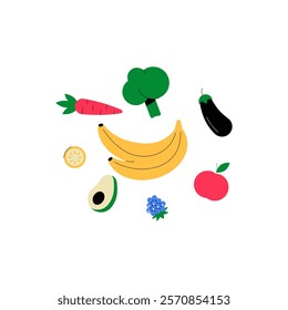 Mixed Fruits And Vegetables Including Bananas, Avocado, And Broccoli In Flat Vector Illustration Symbolizing Balanced Diet, Freshness, And Healthy Choices, Isolated On White Background