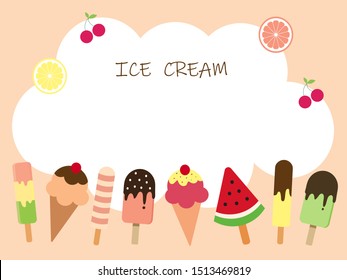 Mixed fruity ice cream popcicle on wooden stick and strawberry cone scoop with cherry topping collection set in different flavour on pink background.Design for template,speech box.Vector.Illustration.