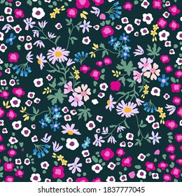 Mixed garden on dark background. Seamless vector pattern in repeat.Retro textile collection. Template for dresses, scarves.