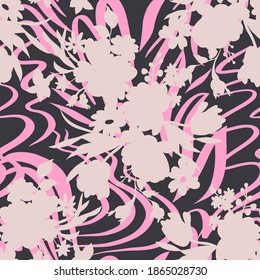 Mixed geometrical texture with flowers silhouettes. Florals combined with abstract simple elements wavy lines, stripes ornament. Botanical seamless pattern for textile and fabric.