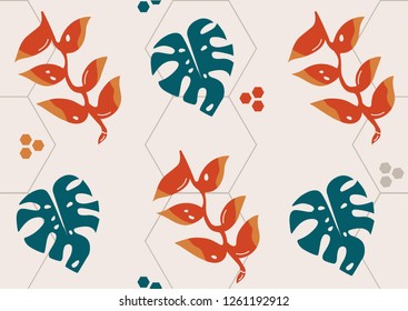 Mixed geometry and tropical flora vector seamless pattern. Exotic flowers and leaves on the hexagon background.