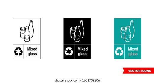 Mixed Glass Recycling Sign Icon Of 3 Types: Color, Black And White, Outline. Isolated Vector Sign Symbol.