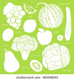 Mixed Green fruits and vegetables. Healthy lifestyle food collection. Fruit and vegetable Elements.