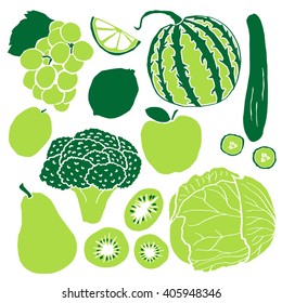 Mixed Green fruits and vegetables isolates on white background. Healthy lifestyle food collection. Fruit and vegetable Elements.