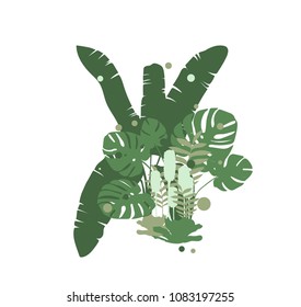 Mixed green leaves of tropical plants on white blackgroung, Vector illustration.