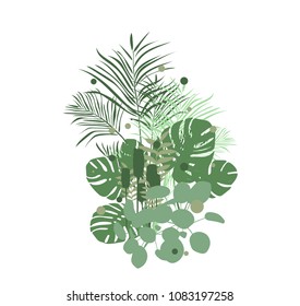 Mixed green leaves of tropical plants on white blackgroung. Vector illustration.