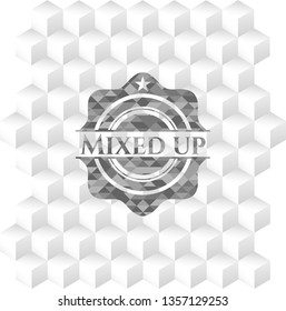 Mixed up grey badge with geometric cube white background