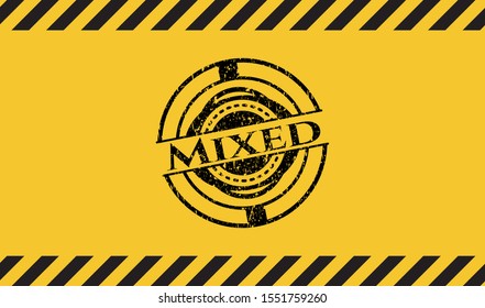 Mixed grunge black emblem with yellow background, warning sign. Vector Illustration. Detailed.
