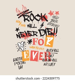 Mixed grunge typography collage vector. Features punk rock quotes, spray paint graffiti, cutout letters, and edgy elements in red, black, and yellow. Perfect for streetwear and poster design.