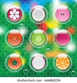 Mixed half sliced fruits in air bubbles flying in the air on colorful blurry background with pattern