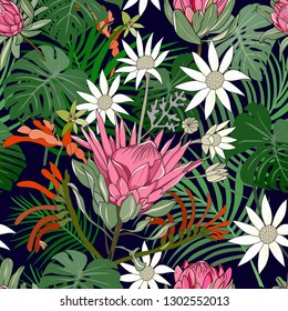 mixed hand drawn australia native flower seamless pattern