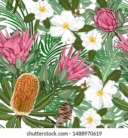 mixed hand drawn australia native wild flower seamless pattern with banksia and king protea