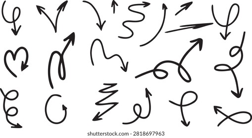 Mixed Hand Drawn Directional Arrow Vector Collection: Large collection of artistic hand drawn arrows with different styles including curved, straight, looping, and decorative arrows. Suitable for web, presentations, infographics, and print design.png