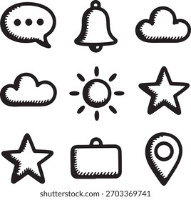Mixed Hand Drawn Icon Set with Location, Camera, Star and Bell Symbols