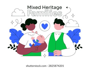 Mixed Heritage Families Vector Illustration Featuring Diverse Multicultural Parents and Children, Love, Unity, and Family Bonding
