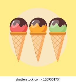 Mixed ice cream scoops with cone on background. Stock flat vector illustration.