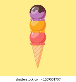 Mixed ice cream scoops with cone on background. Stock flat vector illustration.