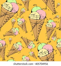 Mixed ice cream scoops with cone. Seamless background pattern