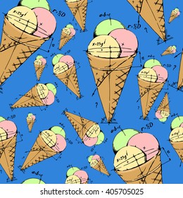 Mixed ice cream scoops with cone. Seamless background pattern