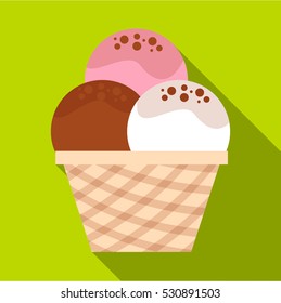 Mixed ice cream scoops in waffle bowl icon. Flat illustration of mixed ice cream scoops in waffle bowl vector icon for web isolated on lime background