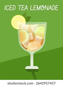 Mixed iced tea and lemonade vector with lemon slices on green background. Bright and refreshing drink style.