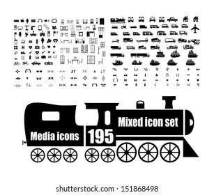 Mixed icon set for media and transportation 