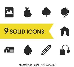 Mixed icons set with apple, real estate and tree elements. Set of mixed icons and graphite concept. Editable vector elements for logo app UI design.