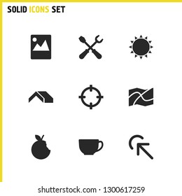 Mixed icons set with apple, roof and locate elements. Set of mixed icons and focus concept. Editable vector elements for logo app UI design.