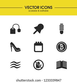 Mixed icons set with bitcoin, calendar and location mark elements. Set of mixed icons and stiletto concept. Editable vector elements for logo app UI design.