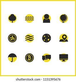 Mixed icons set with bitcoin, speech bubble and map pin elements. Set of mixed icons and night sky concept. Editable vector elements for logo app UI design.