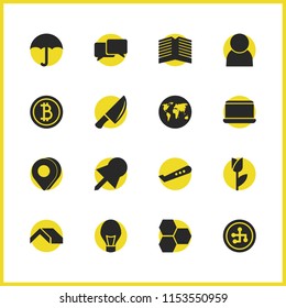 Mixed icons set with bitcoin, speech bubble and roof elements. Set of mixed icons and cryptocurrency concept. Editable vector elements for logo app UI design.