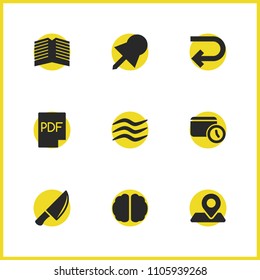 Mixed icons set with brain, knife and date elements. Set of mixed icons and pushpin concept. Editable vector elements for logo app UI design.