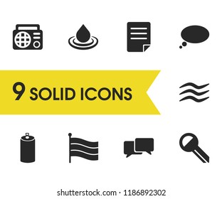 Mixed icons set with bubble, document and flag elements. Set of mixed icons and fm concept. Editable vector elements for logo app UI design.