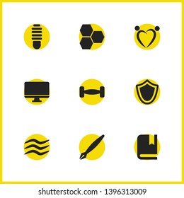 Mixed icons set with computer, pen and wave elements. Set of mixed icons and dumbbell concept. Editable vector elements for logo app UI design.
