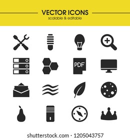 Mixed icons set with email, computer and fruit elements. Set of mixed icons and document concept. Editable vector elements for logo app UI design.