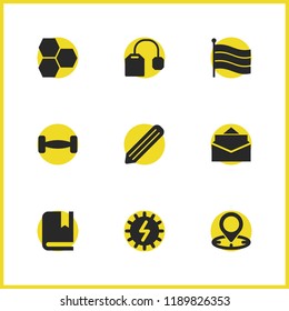 Mixed icons set with flag, light and tea bag elements. Set of mixed icons and pin concept. Editable vector elements for logo app UI design.