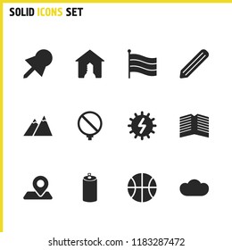 Mixed icons set with flag, mountain and flat elements. Set of mixed icons and apartment concept. Editable vector elements for logo app UI design.