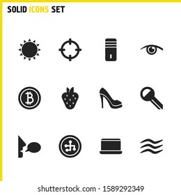 Mixed icons set with locate, strawberry and sun elements. Set of mixed icons and solar concept. Editable vector elements for logo app UI design.