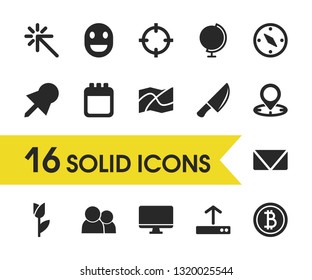 Mixed icons set with location, calendar and globe elements. Set of mixed icons and happy face concept. Editable vector elements for logo app UI design.