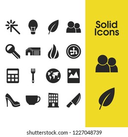 Mixed icons set with people group, click and fire elements. Set of mixed icons and leaf concept. Editable vector elements for logo app UI design.